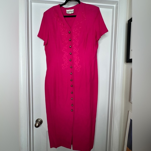 Vintage S.L. Fashions Pencil Dress w/ Flower Embroidery Metal Buttons, Sz 16 - Picture 1 of 8